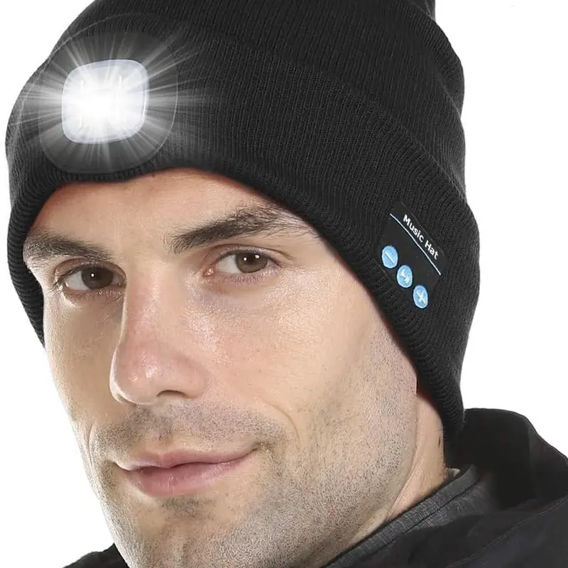 Unisex Solid Acrylic Bluetooth Beanie - 4 LED Lights, USB Rechargeable Cordless Headphones, USB Charging Cable, User Manual, All Seasons, One Size, Ideal for Walks & Camping, Cool Gifts for Adults, Gifts for Him, Spot Clean Sports Outdoor Hat
