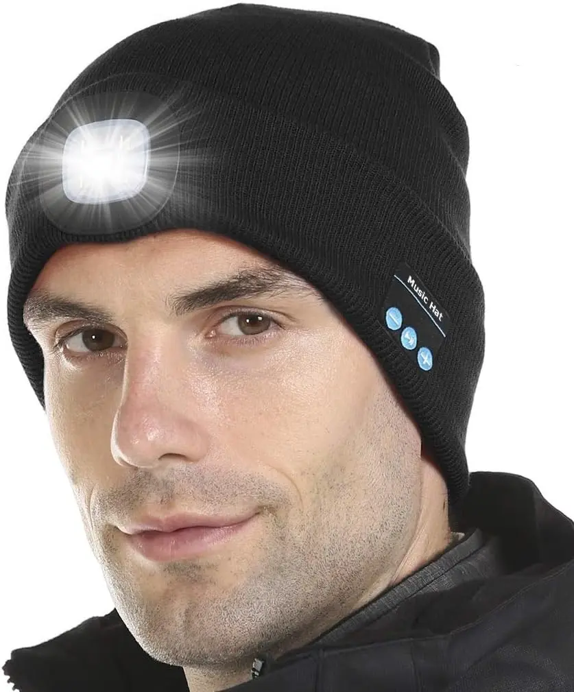 Bluetooth Beanie with Light, Unisex USB Rechargeable 4 LED Fashlight, Cordless Headphones, Unique Christmas Birthday Gift for Men outdoor hat summerwins