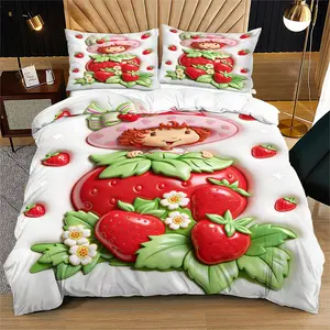 Strawberry girl pattern, soft and durable bed duvet cover set, including 1 duvet cover and 1 or 2 pillowcases, without cotton core, suitable as a daily holiday birthday gift for children and adults, bedroom decoration