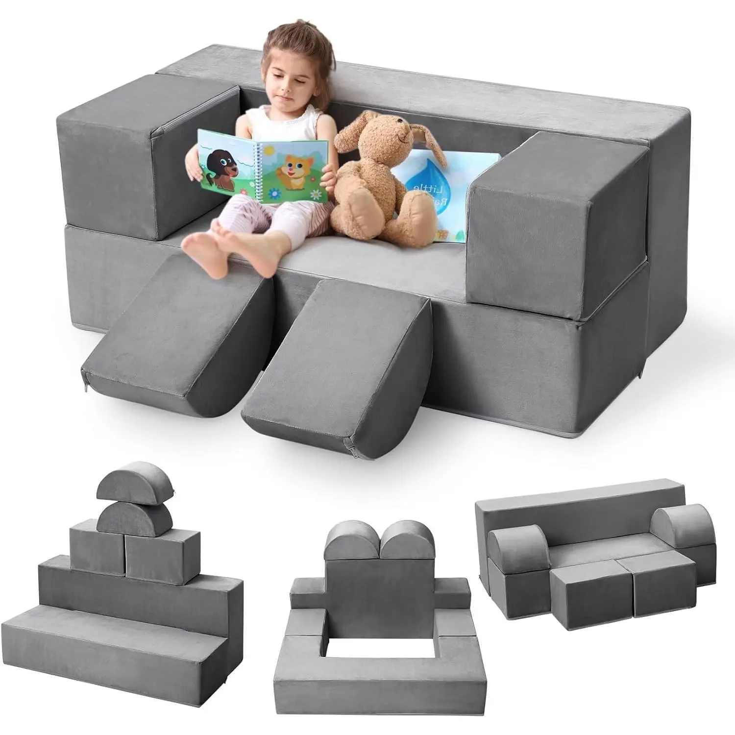 6Pcs High-Density Microvelvet Rectangular Modular Kids Play Couch with Armrest Pieces, Toddler Foam Convertible Sofa for Playing, Removable Covers, 39.37"w x 19.70"d x 15.75"h, Vacuum Packed for Playroom, Bedroom, Vacuum Packing Bags