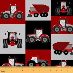 Tractor Upholstery Fabric,Cartoon Farm Tractor Fabric By The Yard,Truck Car Textile Waterproof Fabric,3 Yards Harvester Excavator Red Grid Fabric