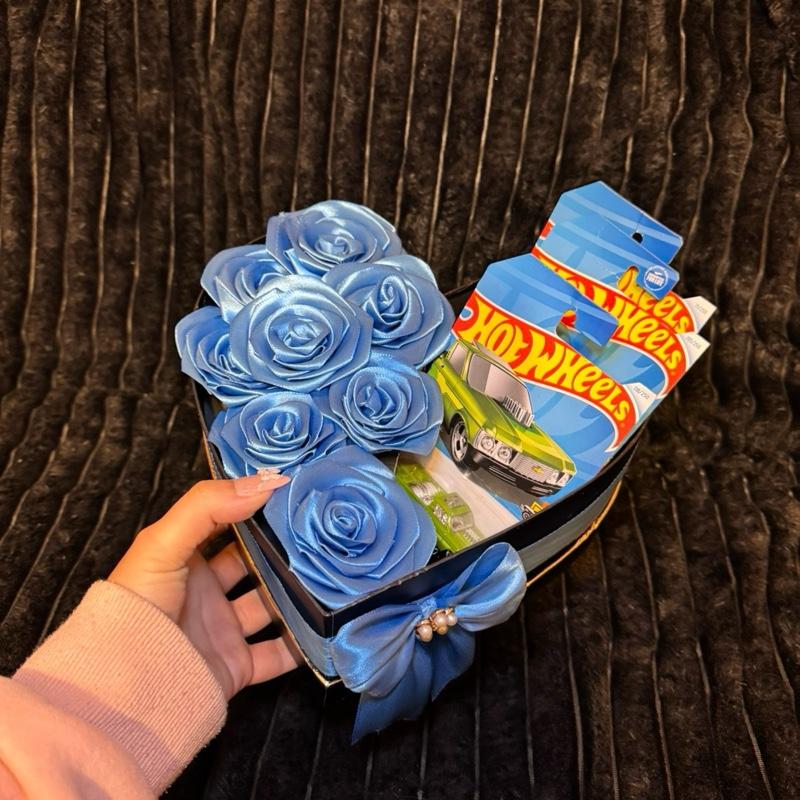 Valentine’s Day gift Heart shape box with blue eternal ribbon roses and hot wheels. Gift for man, for boyfriend, for husband. Gift for Valentine’s Day , birthday, anniversary , Father’s Day