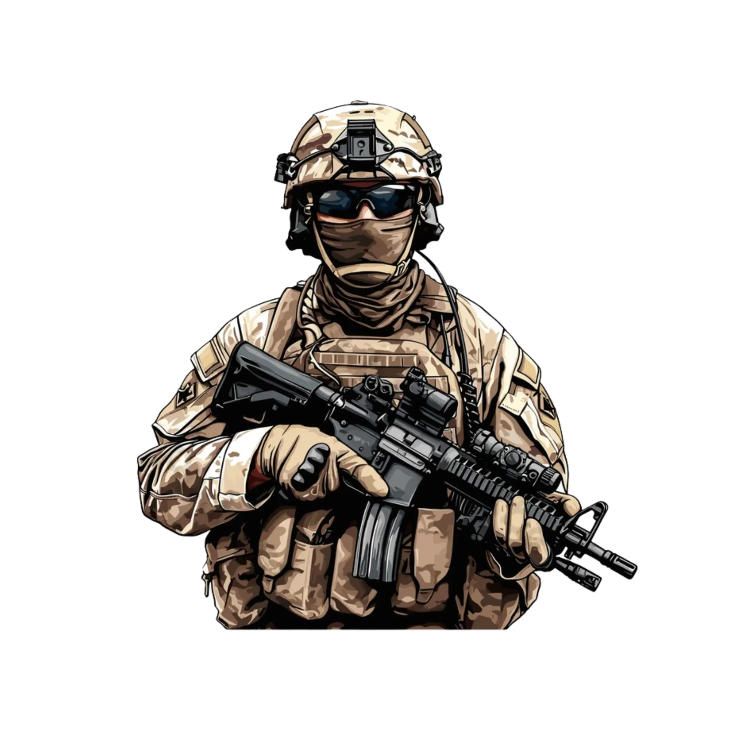 Desert Camo Soldier Sticker – Tactical Army Operator with Rifle, Military Combat Vinyl Decal