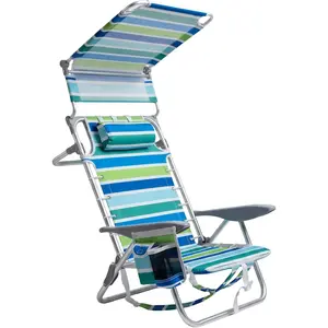 Backpack Beach Chair with Canopy for Adults, Lightweight Lay Flat Folding Beach Chair, 5 Reclining Positions Aluminum Frame 350LBS Capacity, Portable Recliner with Backpack Straps Detachable Pillow Cup Holder Phone Pocket for Beach Camping Lawn Travel
