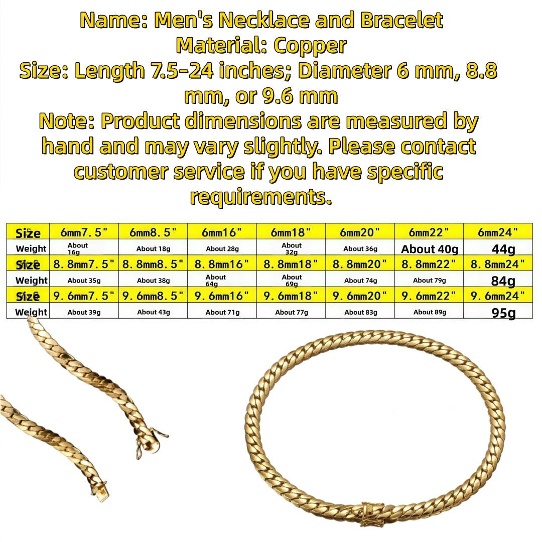 Stainless steel men's Cuban chain with a smooth clasp / Gold / Brass-colored men's Cuban chain necklace, width: 6 mm / 8.8 mm / 9.6 mm, fade-resistant and durable, length: 7.5 inches–24 inches, comes with a gift box