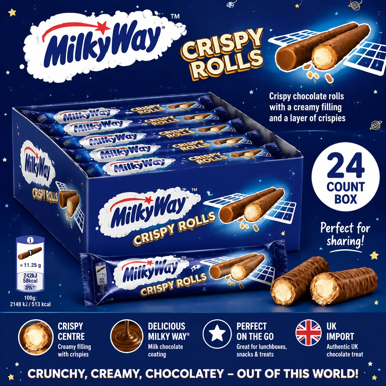 Milky Way UK Import Crispy Chocolate Roll Bars 22.5g 24 Count  Crispy Wafer Chocolate Candy Bars | Classic British Snack Treats