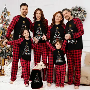 FOCUSNORM Christmas Crew Reindeer Print Family Matching Christmas Pajamas Set 2Piece Outfits Loungewear Sleepwear For Adult Kid Baby Long Sleeve Xmas Tree Print T-Shirt And Plaid Pants SetGift