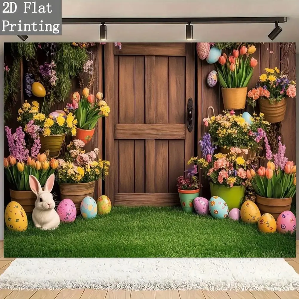 Durable Polyester Spring Easter Bunny & Egg 2D Flat Photography Backdrop Banner, 1pc Multifunctional Green Grass Theme with Large Door, Multi-Size Option for Indoor Anniversary, Party Gatherings