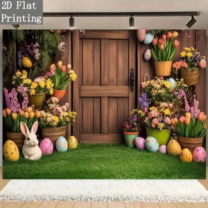 2D Flat, 2D Flat 1pc Spring Easter Bunny And Easter Egg Photography Backdrop with Large Wooden Door | Green Grass Spring Theme, Durable Polyester Fabric for Indoor/Outdoor Parties, Birthday Gather