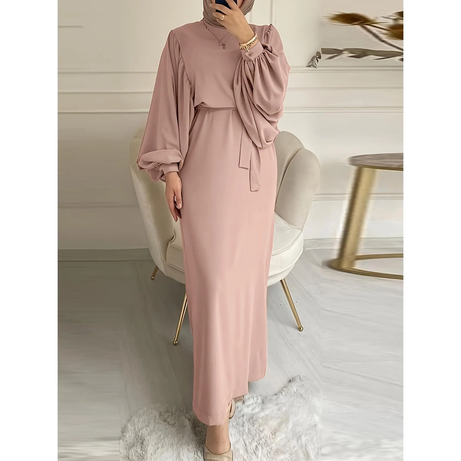 Ramadan Keyhole Lantern Sleeve Abaya Kaftan, Modest Solid Simple Maxi Kaftan, Women's Clothing