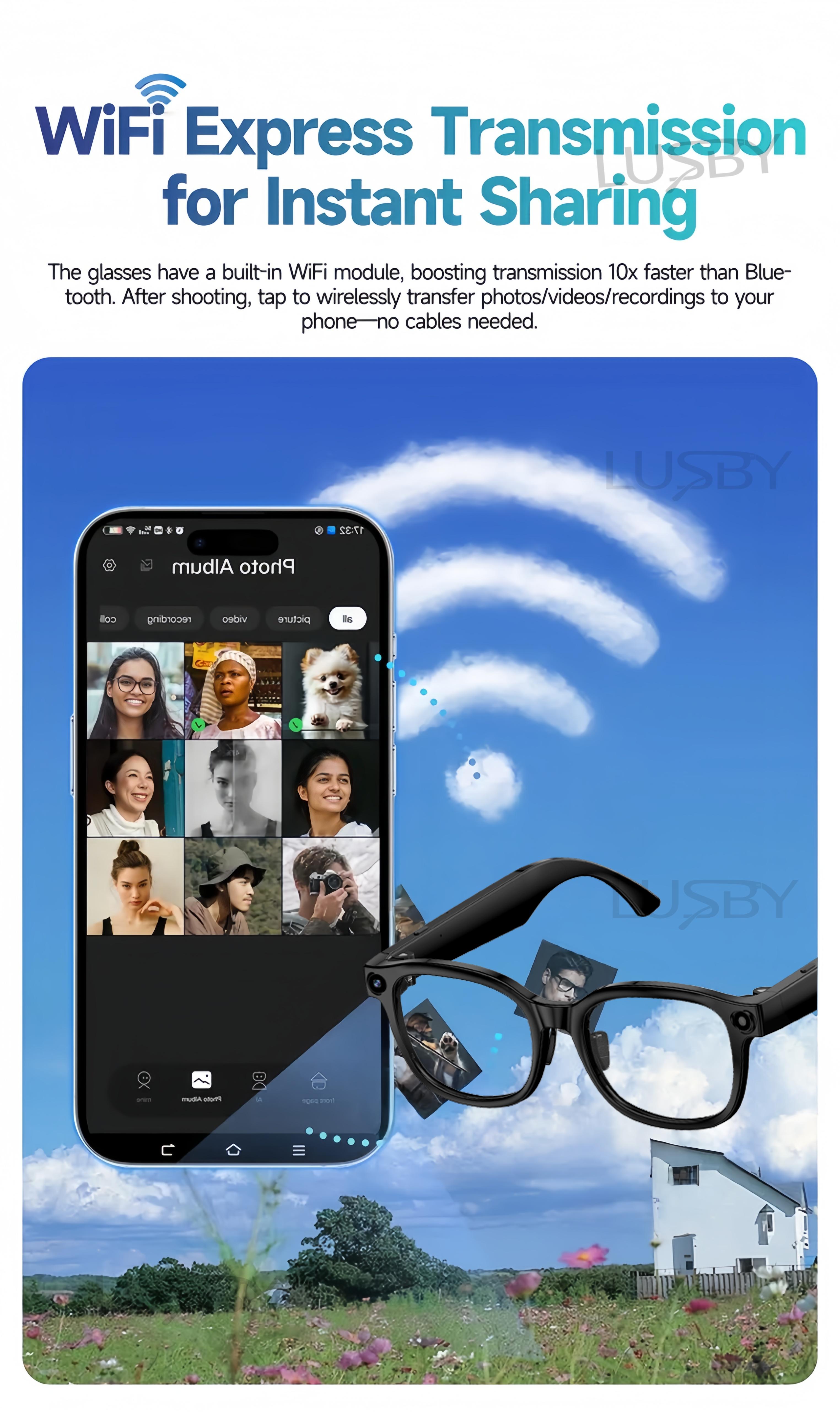 LUSBY Smart AI Camera Glasses with 8MP Photochromic Lenses ,Button Touch Adjustment for Travel Outdoor Adventures Hands-Free Photography 160+Languages Real-Time Translation Bluetooth Wireless Wearable Video Recording UV Protection ,Easter gift LUSBY Smart AI Camera Glasses with 8MP Photochromic Lenses ,Button Touch Adjustment for Travel Outdoor Adventures Hands-Free Photography 160+Languages Real-Time Translation Bluetooth Wireless Wearable Video Recording UV Protection ,Easter gift
