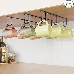 3 Pack Mug Hooks Under Cabinet, Coffee Mug Holder for Hanging Under Shelf, Cup Hanger with 9 Hooks for Displaying Mugs, Coffee Cups and Kitchen Utensils, Black