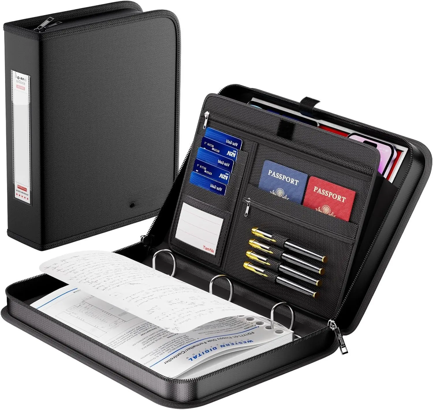 Fireproof 3 Ring Binder with Zipper, 1.5 Inch D Ring Binder Hold Up 375 Sheets of 8.5"x11" A4 Paper, Portable Safe Storage with Large Pockets, Important File Storage for A4 Files (Black)