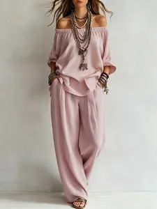 Women's Summer Spring Casual Loose One-Shoulder Seven-Fold Sleeve Top + Wide Leg Pants Set, Comfortable and Stylish Two-Piece
