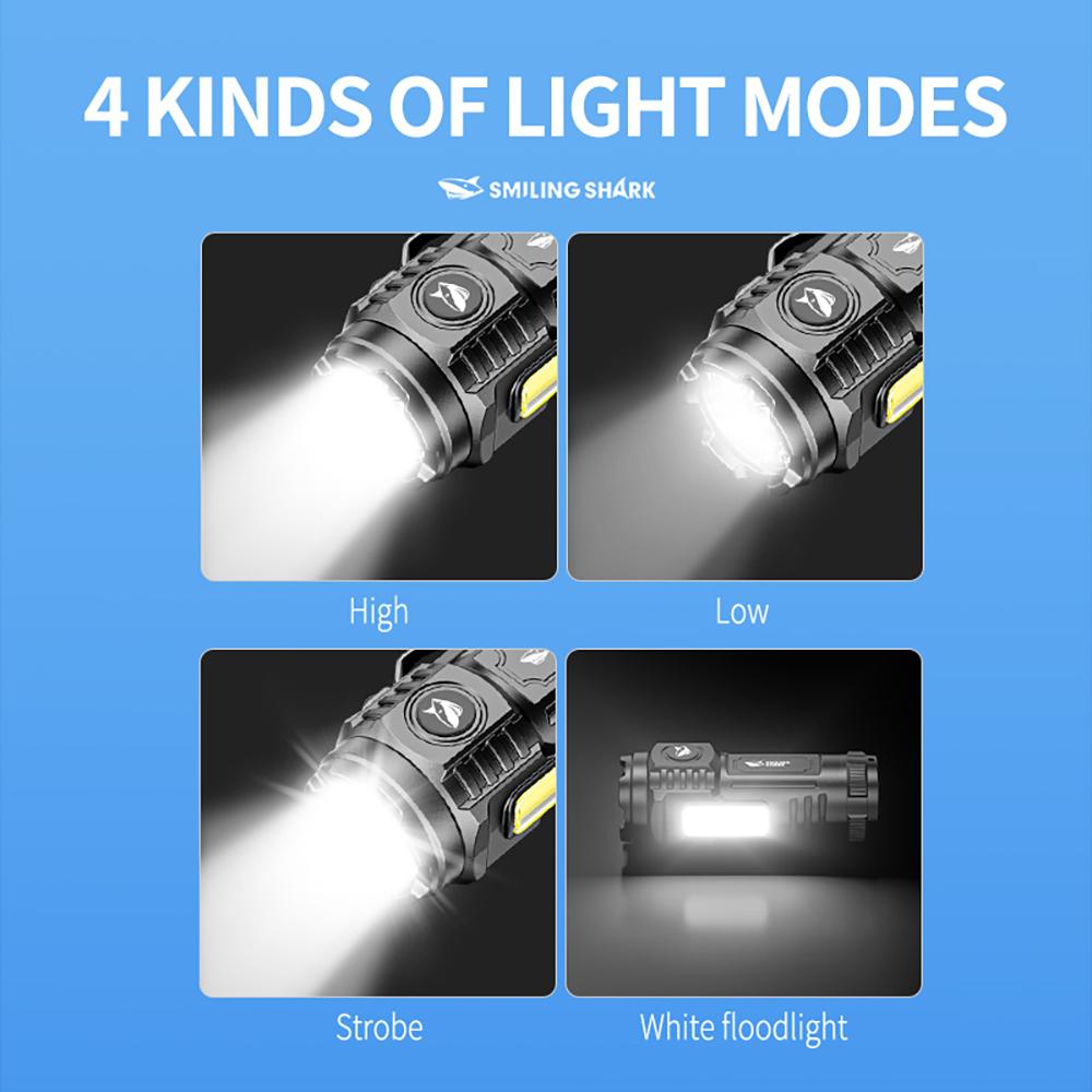 【SD-5474】Small Size Massive Power SMILING SHARK Torch Light Rechargeable Flashlight Led Super Bright with Clip COB Floodlighting 4 Modes Small Outdoor Emergency Hiking Pocket Light 		