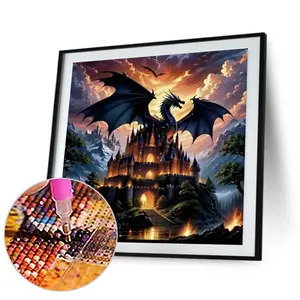 Grand Dragon Castle 5D Diamond Painting Set - Full square and round rhinestone embroidery, acrylic Mosaic craftsmanship, featuring flying dragons and castle scenes, suitable for home and office decoration, ideal Easter and New Year gifts