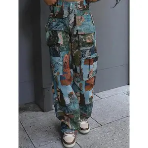 Women's Patchwork Art Print Pocket Cargo Pants, Casual Street Trousers for Daily Wear, Ladies Bottoms for All Seasons, Baggy Pants