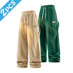 2-piece loose wide leg trousers pull rope waist head label Decoration dupling dupe casual daily clothing wide-collared folded men