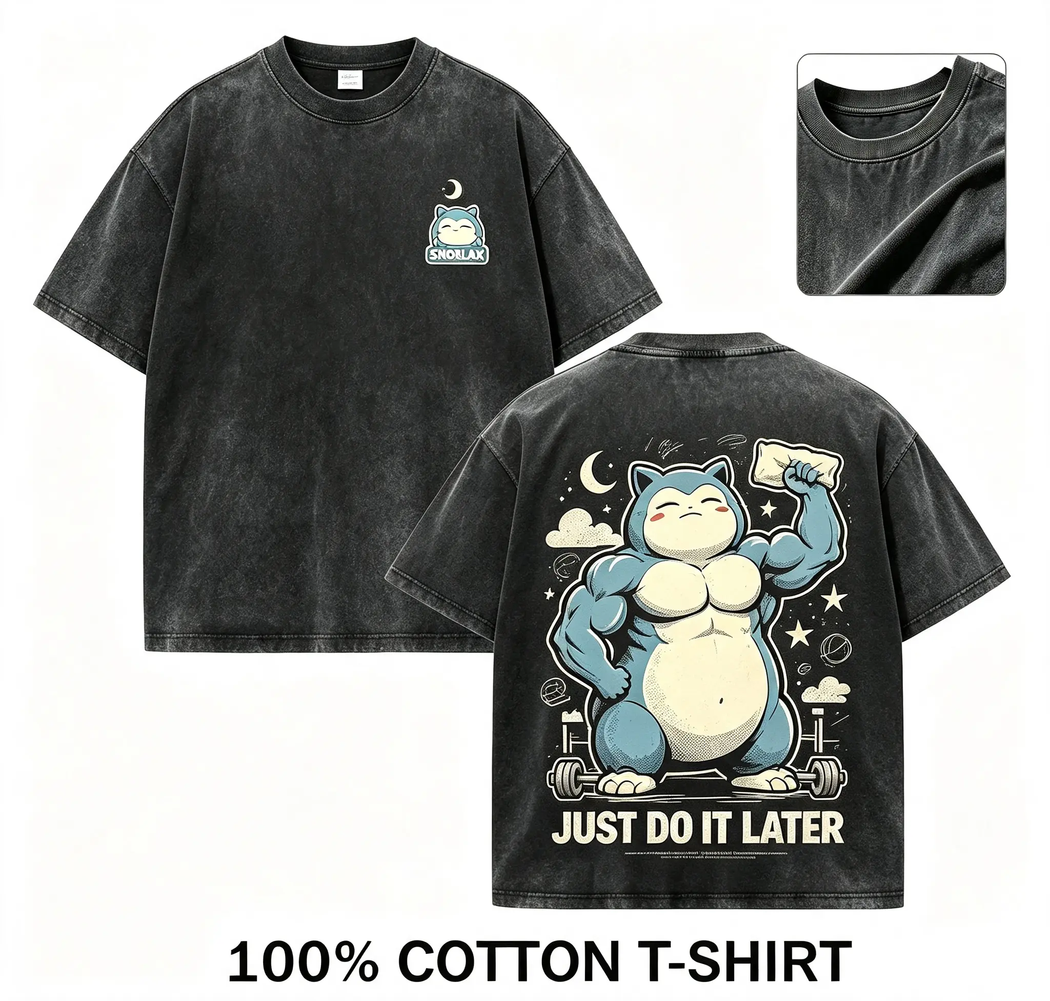 Men's Unisex 100% Cotton Loose Oversized Anime Fan T-Shirt - Snorlax Design, Front Crescent Moon Logo, Back Retro Poster-Style Muscular Artwork, "Just Do It Later" Motivation Graphic, Casual Daily Wear graphic tees     vintage shirts,  everyday tshirt