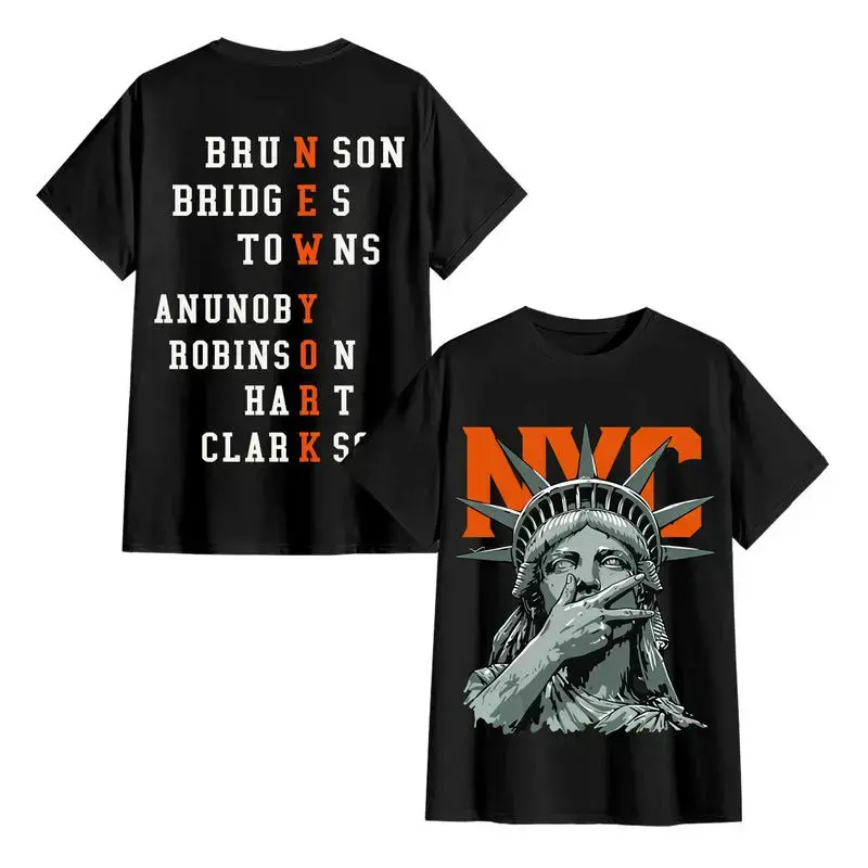 Double‑Sided NYC Liberty Statue Basketball Fan Graphic Tee, Vintage Knicks‑Inspired Orange Letter Unisex T‑Shirt, Game Day Streetwear Top For Basketball Supporters