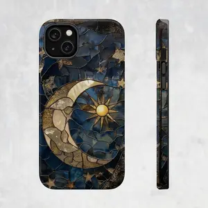 Dark Celestial Stained Glass Phone Case for iPhone 17 16 15 14 13 Pro Max Plus, Gold Moon & Sun Aesthetic Cover, Midnight Blue Mosaic Art Gift