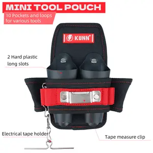 KUNN Mini Tool Pouch with 10 Pockets Loops Electrical Tape Holder & Tape Measure Clip 2 Hard Plastic Slots for Various Tools