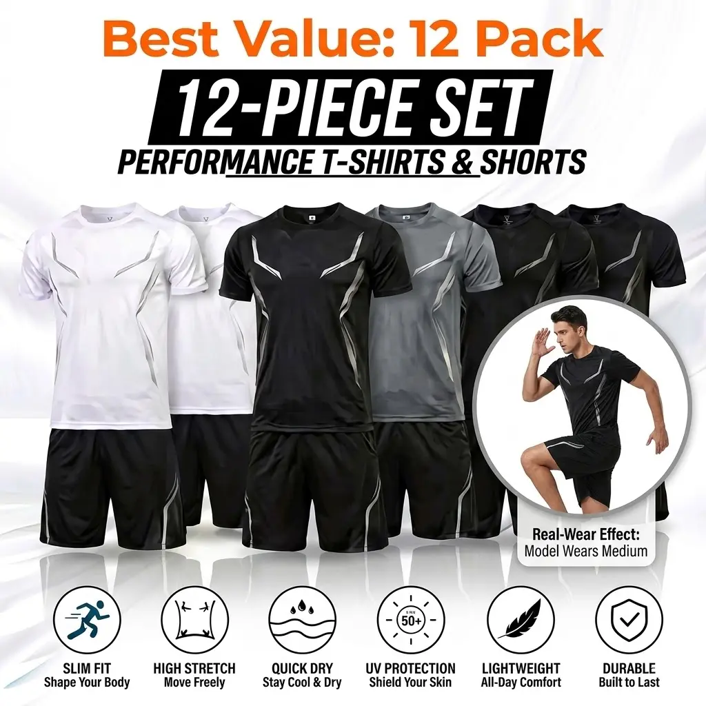 Men's 12-Pack Fitness Sets - Premium Quality Assortment Set Men's Short-Sleeve Training Tees & Shorts, Best Value Option, Assortment Set Men's Short-Sleeve T-Shirts