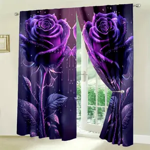 2D Flat, 2 Pieces/Set 2D Flat Printed Exquisite Purple Rose Pattern Curtains, Decorative Floral Curtains, Lightweight and Breathable, Comfortable for Bedroom, Stylish for Office, Cozy for Kitchen, Peaceful for Study, 2D Flat