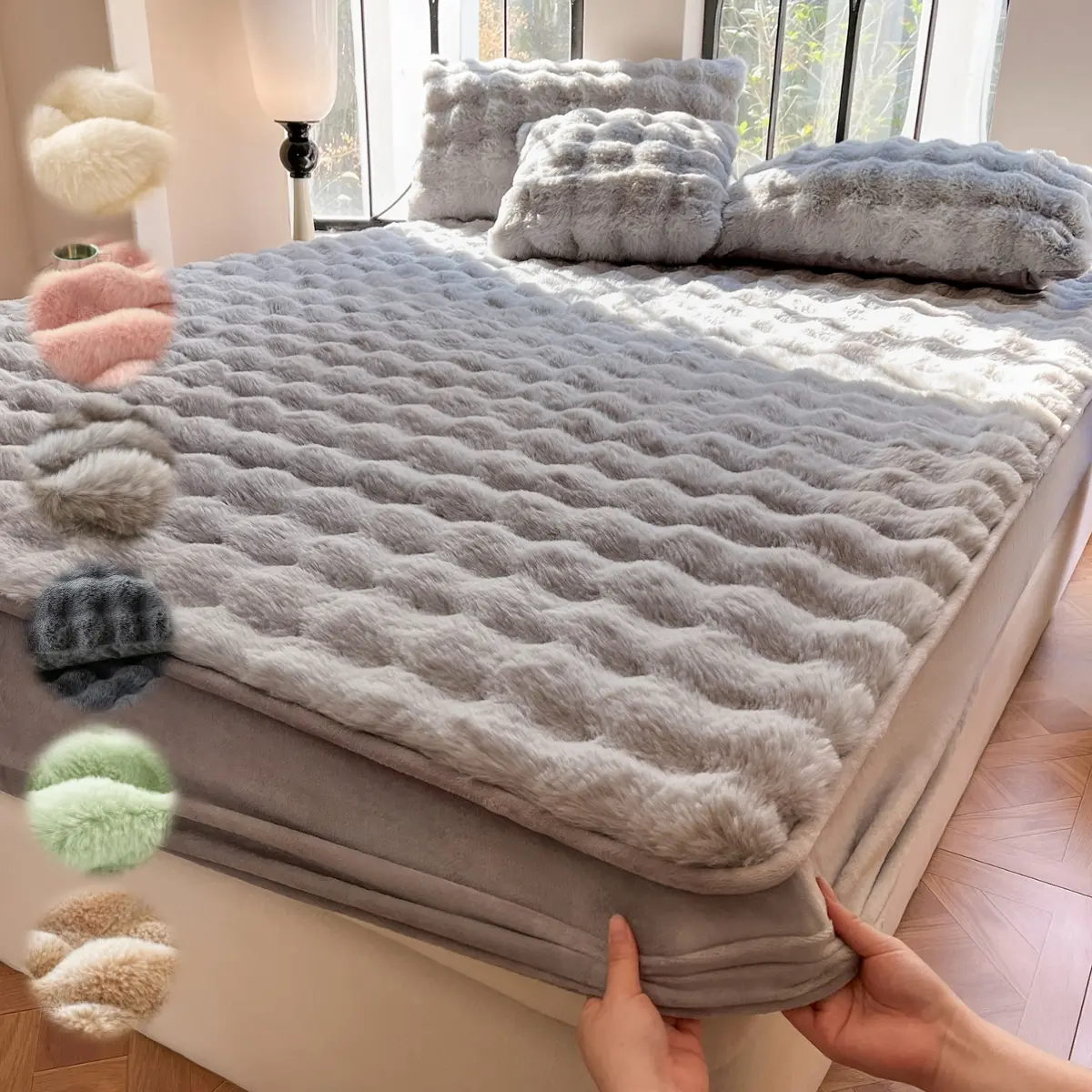Faux Rabbit Fur Fitted Sheet 1pc – Soft Breathable Sheet Striped Luxury Soft & Warm Solid Color Bedding with Pillowcase, All-Season Use, Perfect for Bedroom, Dorm, Sofa, Fluffy Cozy & Ideal Christmas Gift, Soft Comfy Bedding