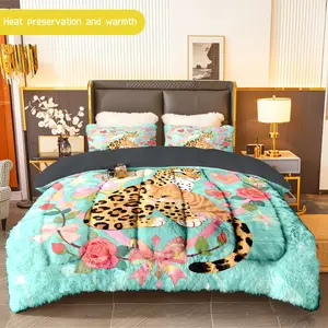 3pcs (1 comforter + 2 pillowcases) Cheetah Print Flannel & Milk Velvet Comforter Set, Soft Warm Bedding Set for Adults, Cozy Plush Quilt Set, Popular Bedding Essentials