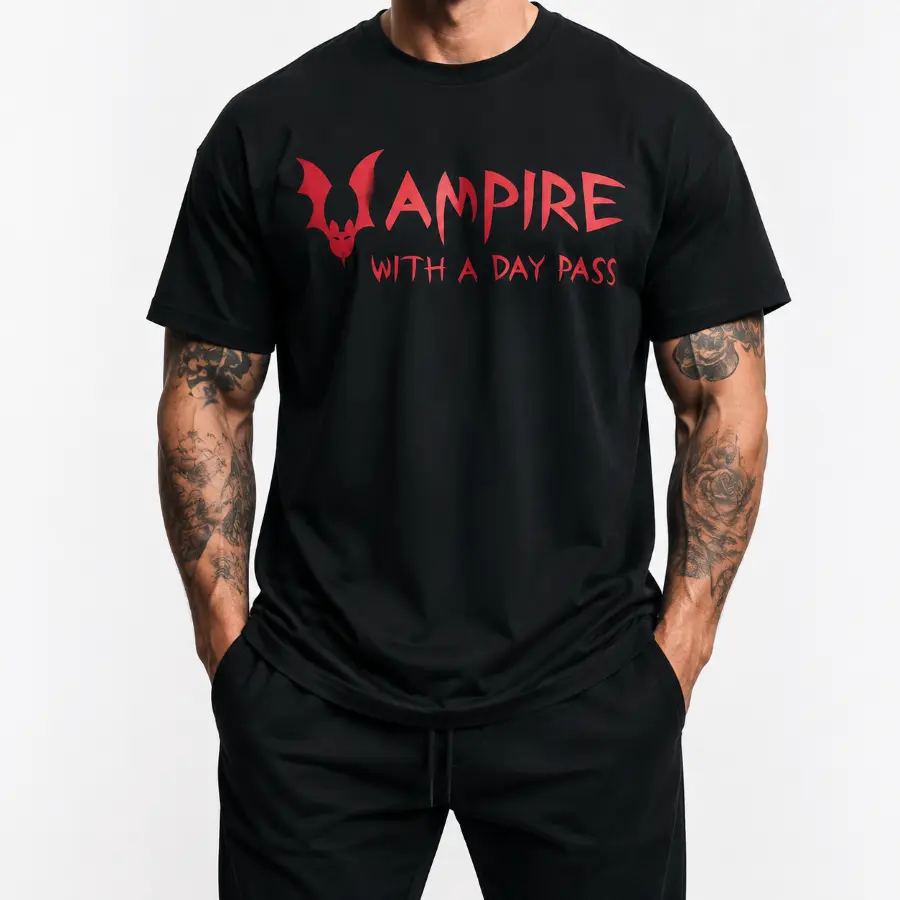 Mens Short Sleeve Graphic T Shirt Cotton Fabric Vampire With A Day Pass Red Bat Print Tee Oversized Streetwear Top For Halloween Party Daily Wear