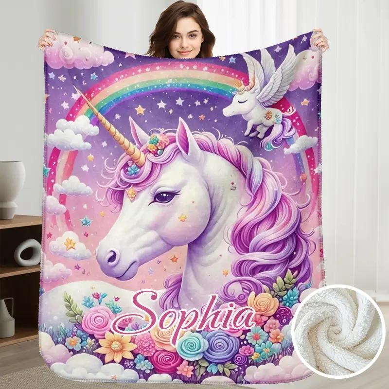 Personalized Sherpa Unicorn Blanket Custom Name Soft Winter Blanket for Girls Wife Family Little Pony Blanket Christmas Gift for Her