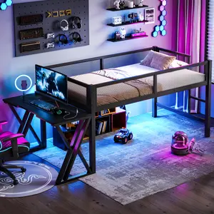 Twin XL Size Gaming Loft Bed with Desk of X-shaped leg ,LED Lights, USB Ports, Staircase & Mesh Guardrail - Black Metal Frame, Space-Saving Elevated Bed for Dorms, Bedrooms, & Gaming Setups