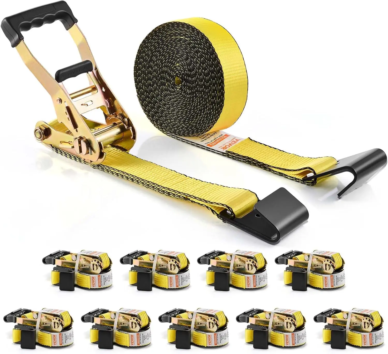 VEVOR 10-Pack Flat Hook Ratchet Straps, 2" x 30' Heavy Duty Tie Down Straps with Track Spring Fittings, 10,000 lb Break Strength, 3,333 lb Working Load for Flatbed, Truck, Trailers