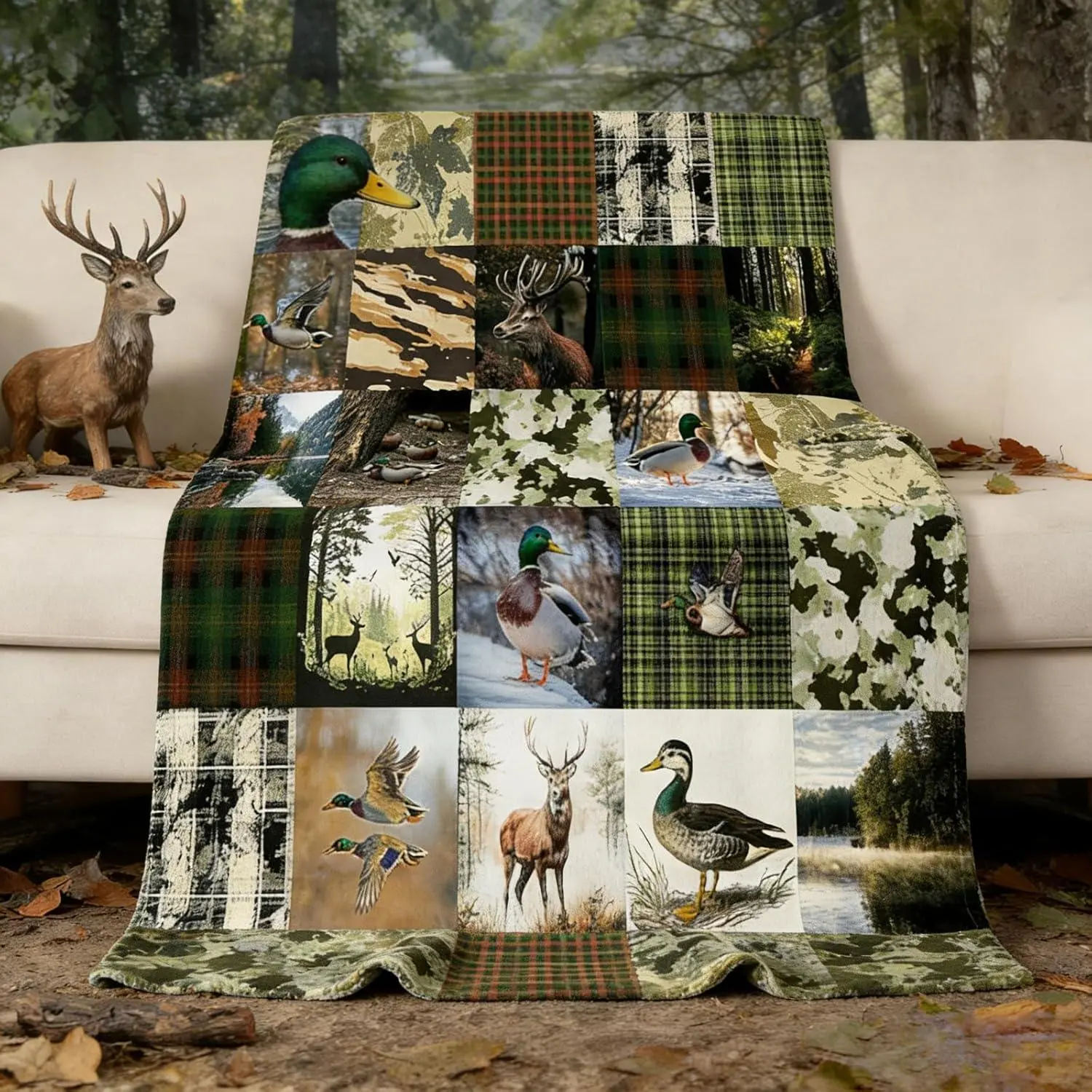 Cabin Rustic Flannel Blanket Deer Mallard Duck Fleece Blanket | Mens Camo Hunting Woodland Animals Farmhouse Fuzzy Plush Throw,Country Decor