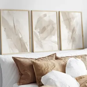 3pcs Abstract Cream Color Wall Art with Wooden Frame, Gold Border Modern Minimalist Decorative Paintings for Living Room, Art Wall Decoration
