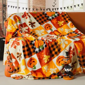 Halloween Fleece Throw Blanket, Pumpkin, Leaves Fall Plaid Blanket, Halloween Gifts, Soft Fuzzy Plush for Couch Sofa or Bed, Luxury Flannel Lap Blanket, for Kids, Adults, Wife, Self