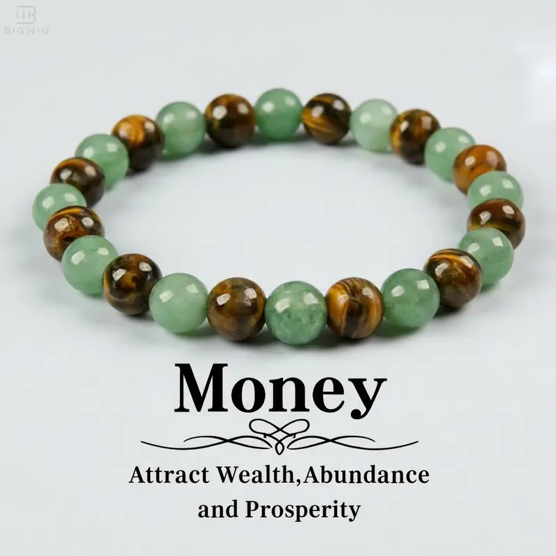 Women's Beaded Money Attraction Bracelet - Green Aventurine & Tiger Eye Beads, Blue Friendship Design, Abundance, Protection, Encouragement Jewelry for Women, Fashion Costume Accessory