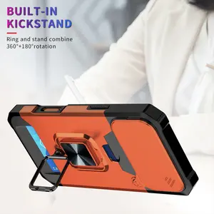 Sliding Lens Protection Armor Wallet Card Rotate Bracket Camera Lens Protector Case For iPhone 17 Air 16 15 14 Plus 13 12  11 Pro Max Car Magnetic Cover