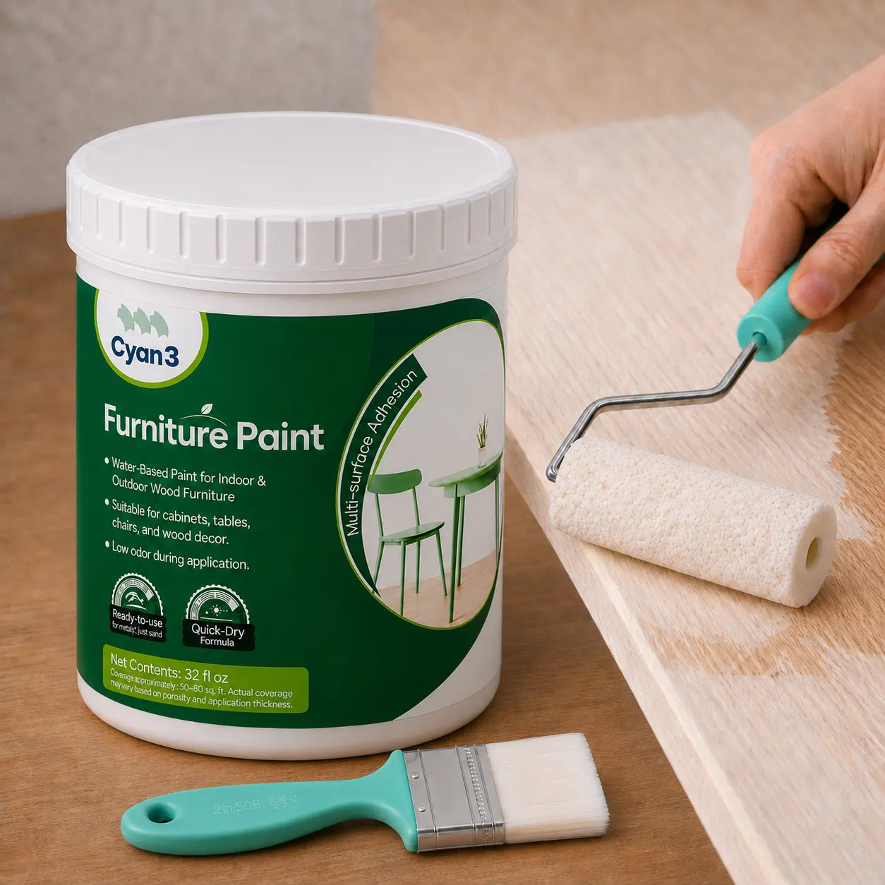 Cyan3 Water-Based Furniture Paint Kit – 32oz, Low Odor, Fast Dry, Matte Finish, Ideal for Indoor & Outdoor Wood Cabinets & Furniture