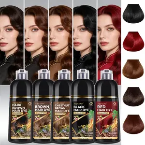 500ml Hair Dye Shampoo. Herbal extracts, mild & non-irritating. 7-in-1, dyeing, shampooing, conditioning. Easy to use. Leaves hair shiny, luminous & healthier. 5 colors: Black/Brown/Dark Brown/Chestnut Brown/Red.