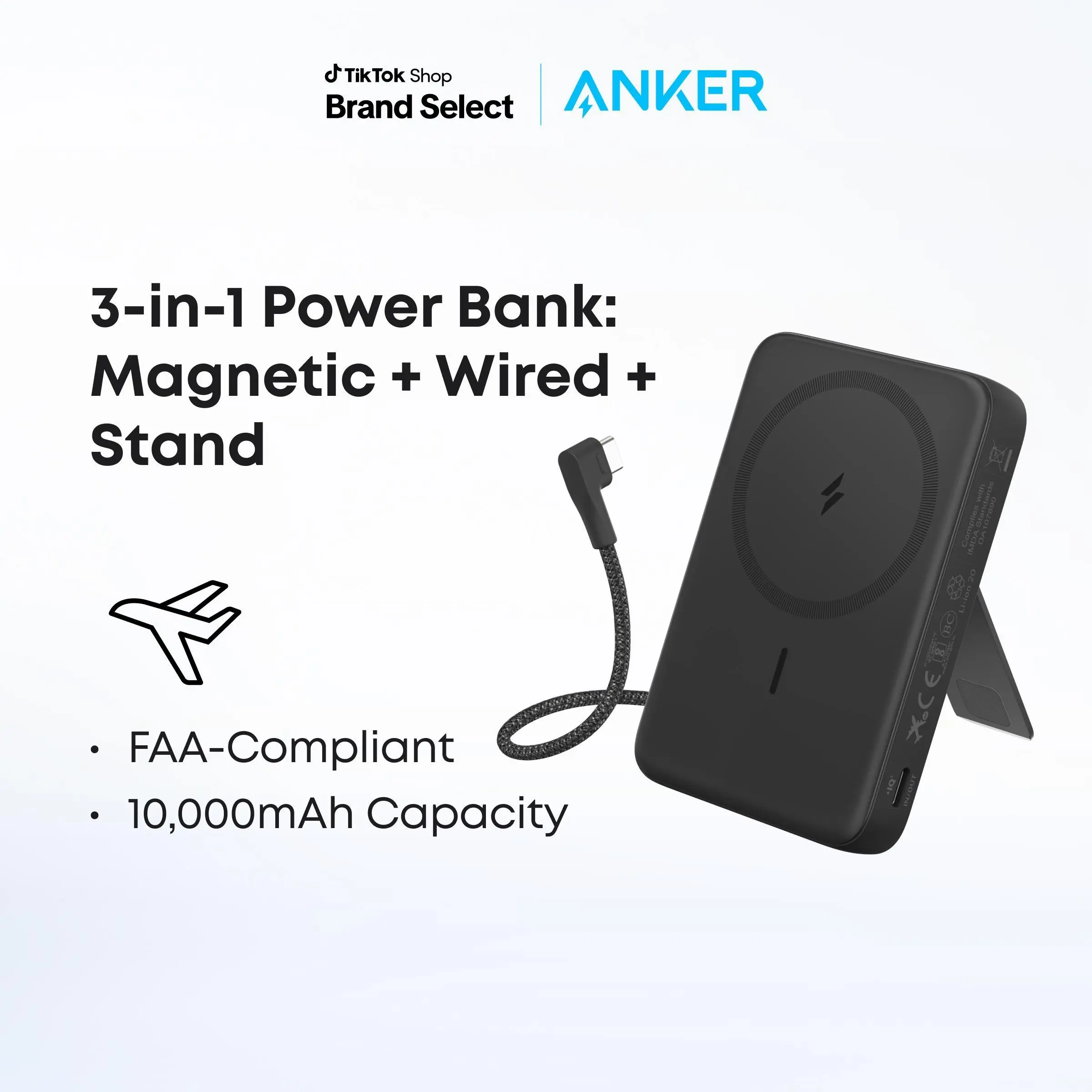 Anker Zolo Portable Power Bank - 10,000mAh High-Capacity Rechargeable Battery Pack, 30W Max Fast Charging, Adjustable Stand, Built-In USB-C Cable, Compatible with iPhone 17/16/15 Series Smartphones & More Electronics Accessories