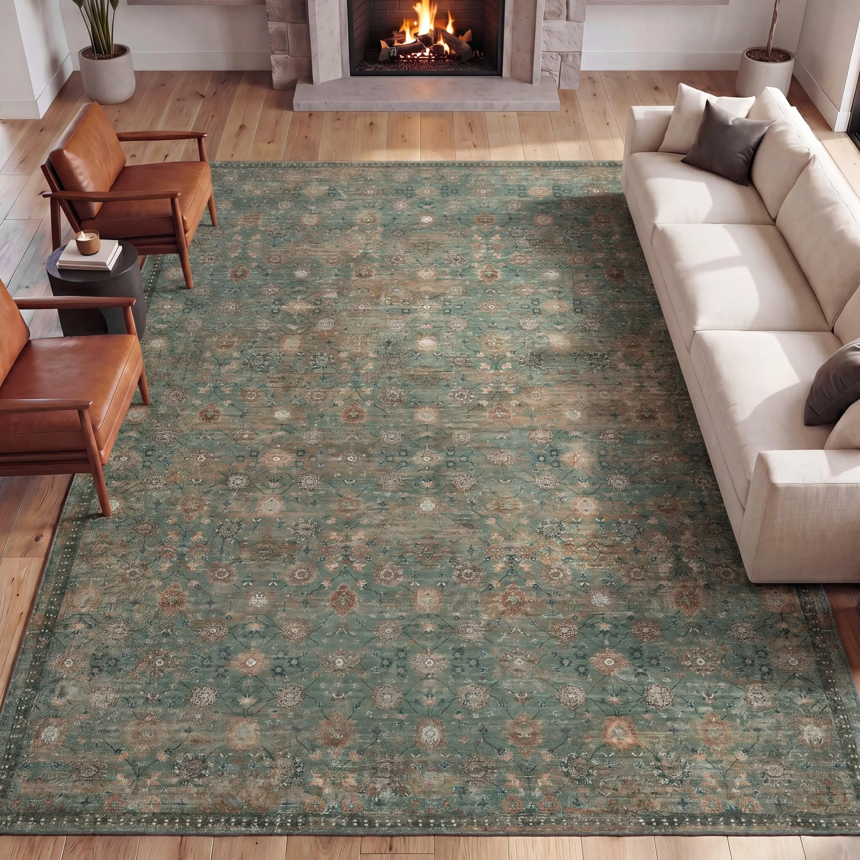 Petunia Distressed All-over Floral Border Non-slip Machine-washable Area Rug