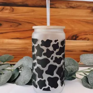 Cow Print Frosted Glass Beer Can and Keychain Set - Ideal Drinkware and Bottles Bamboo Lid Reusable Straw Cup Tumblers Portable Washable Mug Water Bottles Bottled kitchen glassware coffee