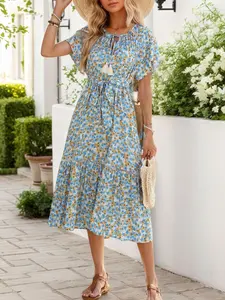 Floral Print Tie Neck Ruffle Hem Midi Dress