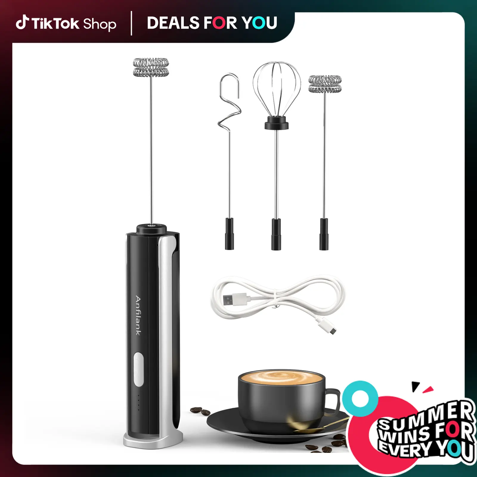 ANFILANK Rechargeable Handheld Milk Frother with Folding Stand, 3-Speed Electric Whisk with 3 Stainless Steel Heads, Portable Milk Foam Maker for Lattes, Cappuccinos, Hot Chocolate and Eggs