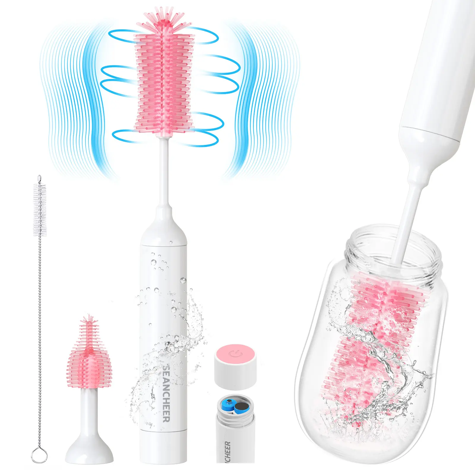 SEANCHEER S02 Electric Bottle Brush Set, Portable Baby Bottle Brush Cleaner, AA Battery-Powered & IPX7 Waterproof, with Silicone Bottle/Nipple/Straw Brush, for Home & Travel Gifts Bottlewasher Newborn Infant
