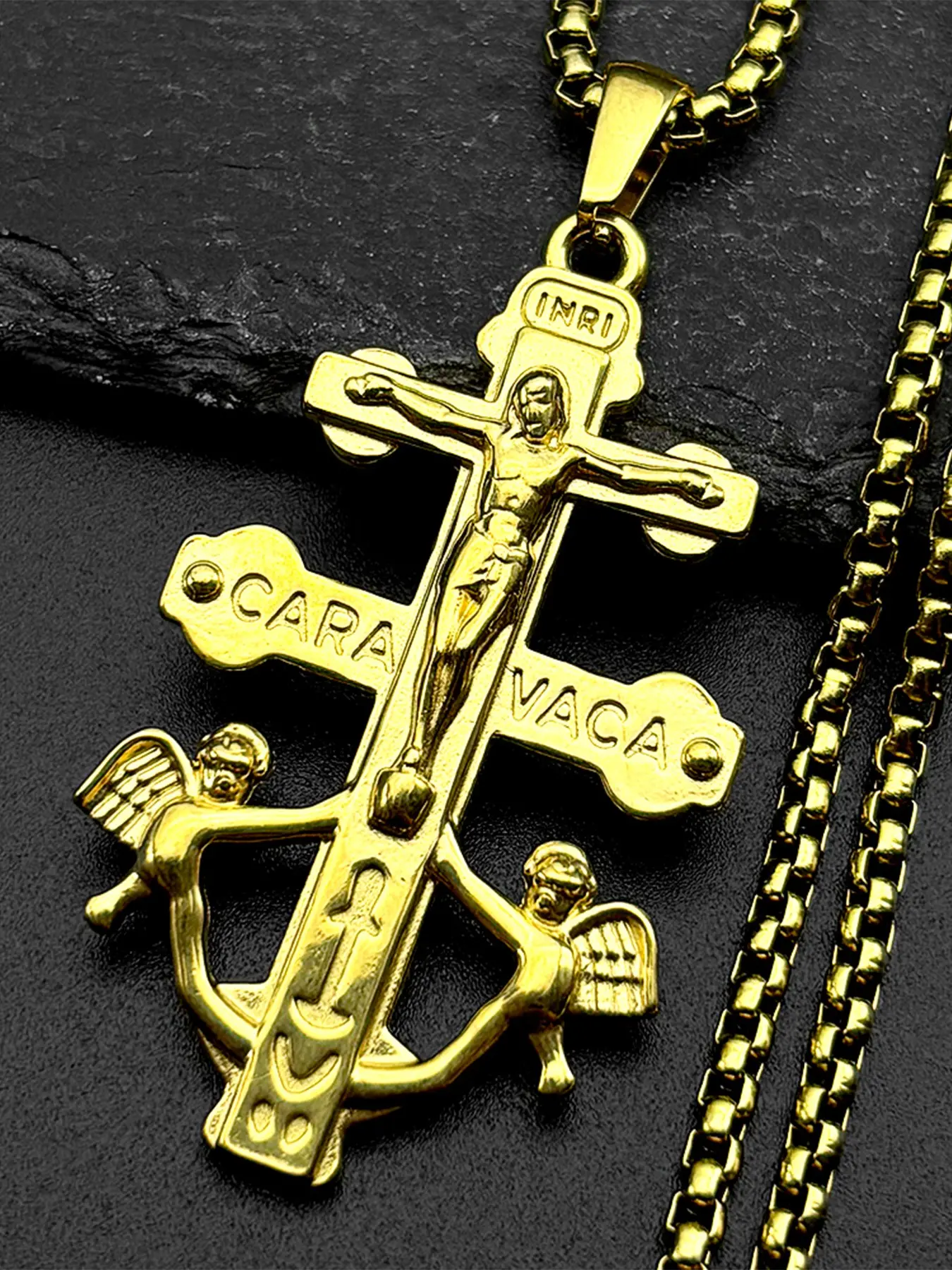 Catholic INRI Caravaca Cross Jesus Crucifix Cherub Angel Pendant Necklace for Women Men Stainless Steel Gold Color Gift