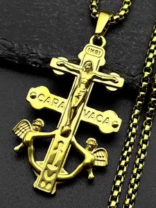 Catholic INRI Caravaca Cross Jesus Crucifix Cherub Angel Pendant Necklace for Women Men Stainless Steel Gold Color Gift