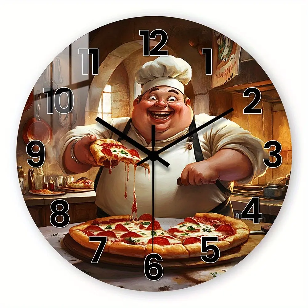 Acrylic Wall Clock, Fantasy Theme Chef Cutting Pizza Design, Perfect for Living Room Kitchen Decor, Ideal Gift for Food Lovers, No Batteries Included